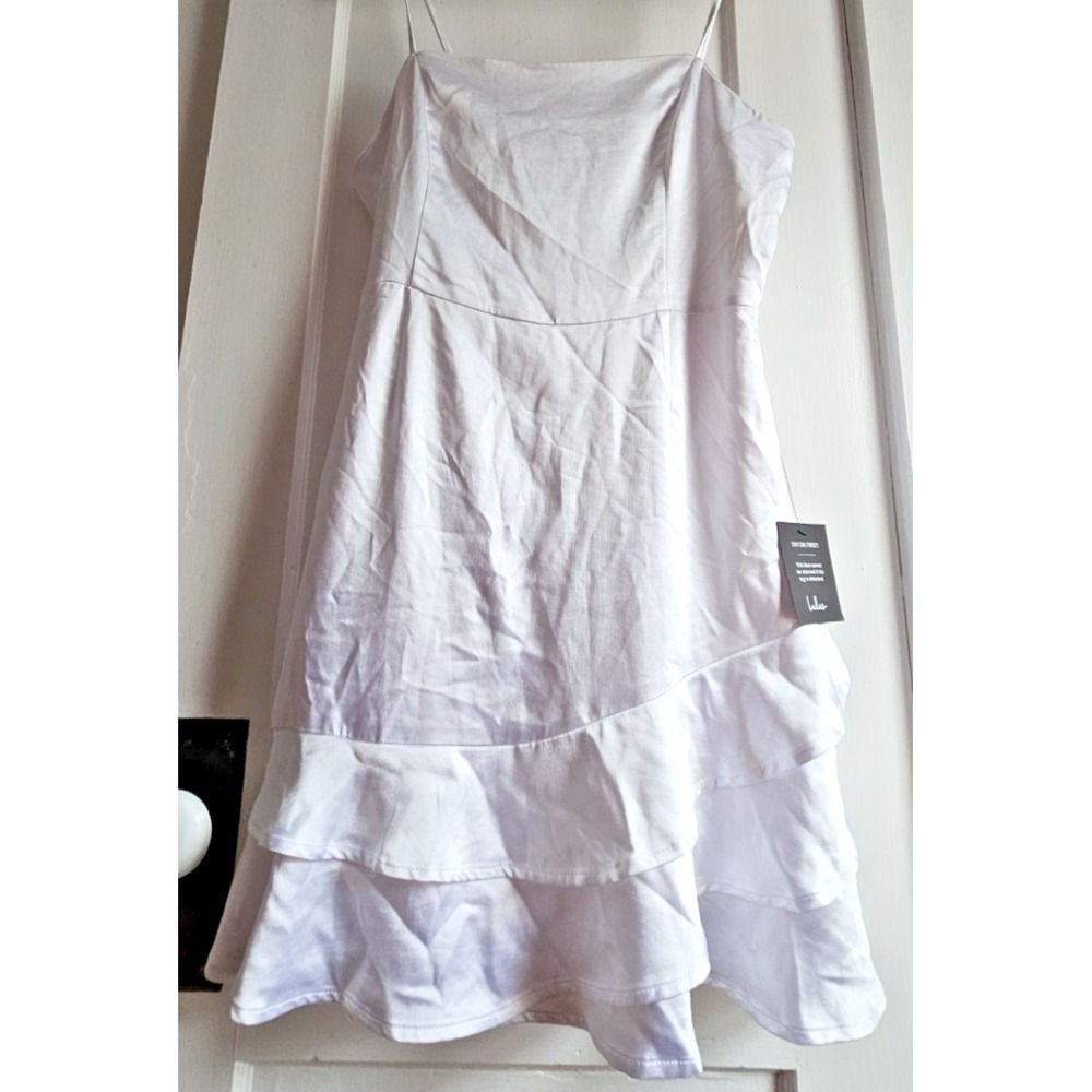 NWT Lulus dreams come true white satin ruffled flare hem dress woman Sz L‎